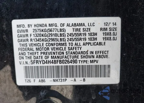 2015 Acura Mdx Technology Package z USA, uszkodzony, nr VIN 5FRYD4H48FB026490